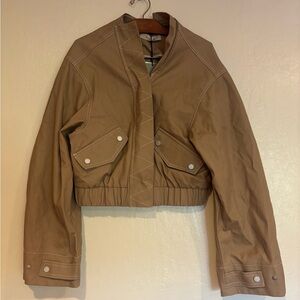 NWT Tan Contrast Stitch Cropped Oversized Relaxed Bomber Trench M